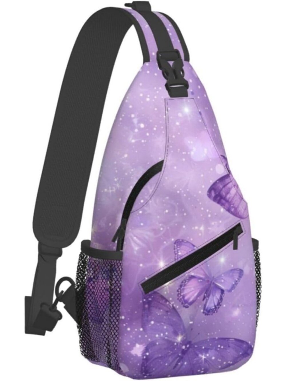 Unisex Purple Black Butterfly Sling Backpack Hiking Chest Shoulder Crossbody Bag